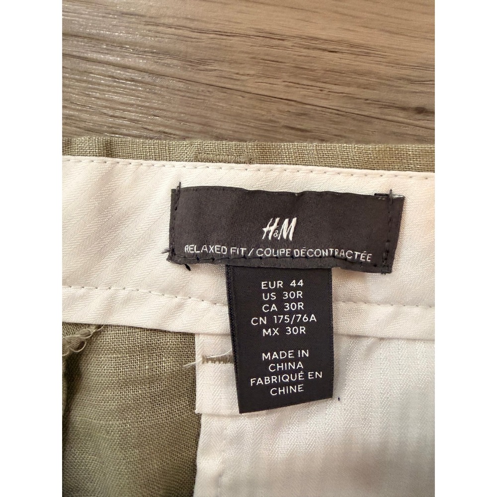 H&M Mens Relaxed Fit 100% Linen Pleated Trousers Tan 30R Neutral Minimalist Chic - Picture 9 of 9